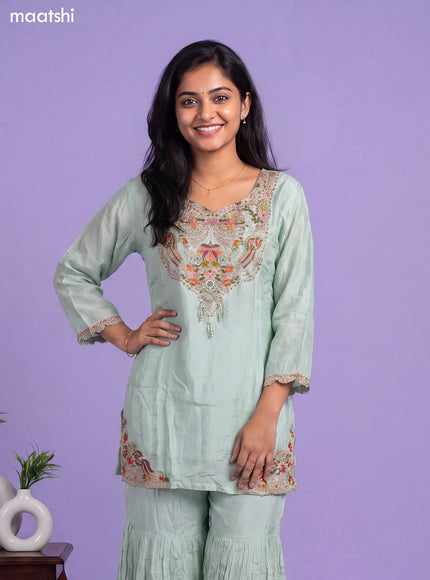 Pastel Green Art Silk Embroidery Work Short Straight Suit