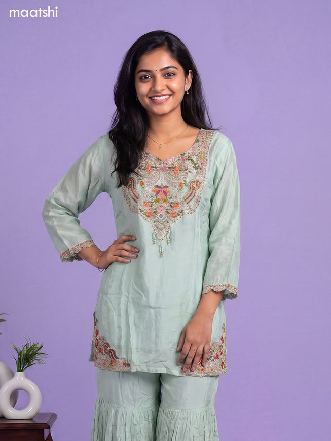 Pastel Green Art Silk Embroidery Work Short Straight Suit
