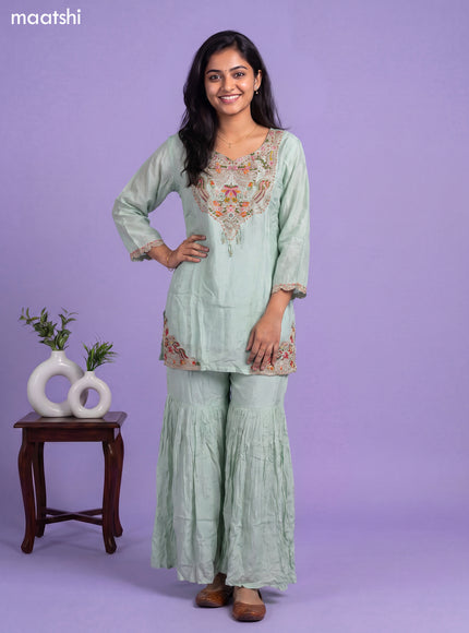Pastel Green Art Silk Embroidery Work Short Straight Suit