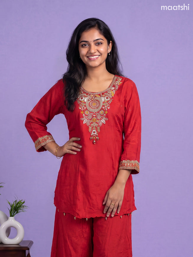 Red Art Silk Embroidery Work Short Anarkali Suit