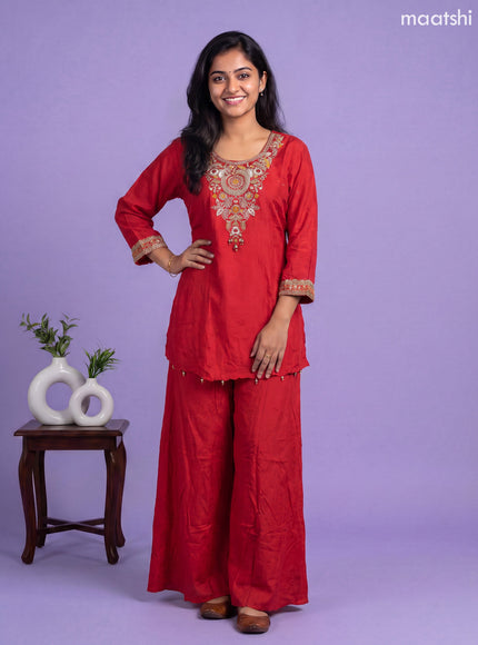 Red Art Silk Embroidery Work Short Anarkali Suit