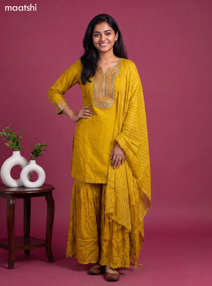 Yellow Art Silk Embroidery Work Short Straight Suit