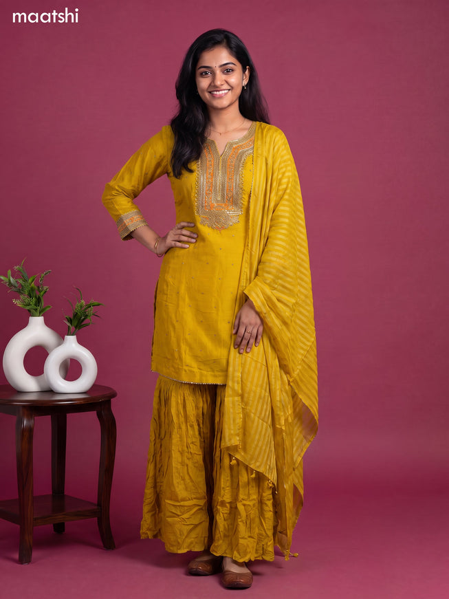 Yellow Art Silk Embroidery Work Short Straight Suit
