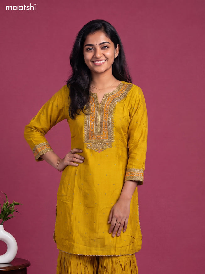 Yellow Art Silk Embroidery Work Short Straight Suit