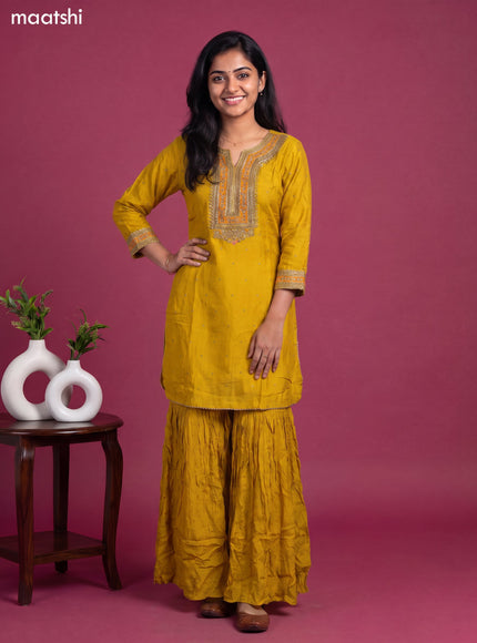 Yellow Art Silk Embroidery Work Short Straight Suit