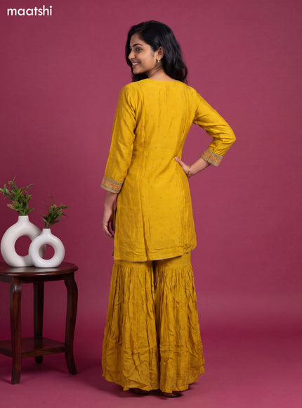 Yellow Art Silk Embroidery Work Short Straight Suit