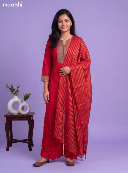 Red Art Silk Embroidery Work Short Straight Suit