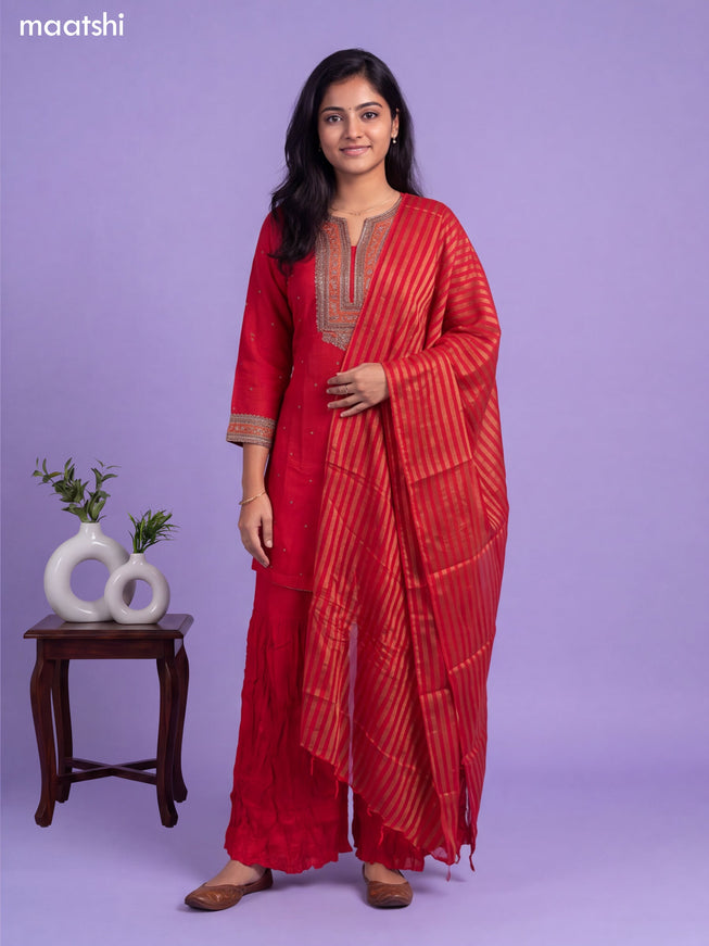 Red Art Silk Embroidery Work Short Straight Suit