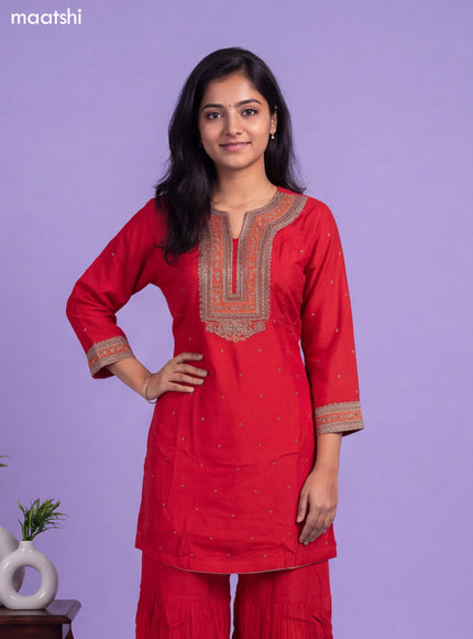 Red Art Silk Embroidery Work Short Straight Suit