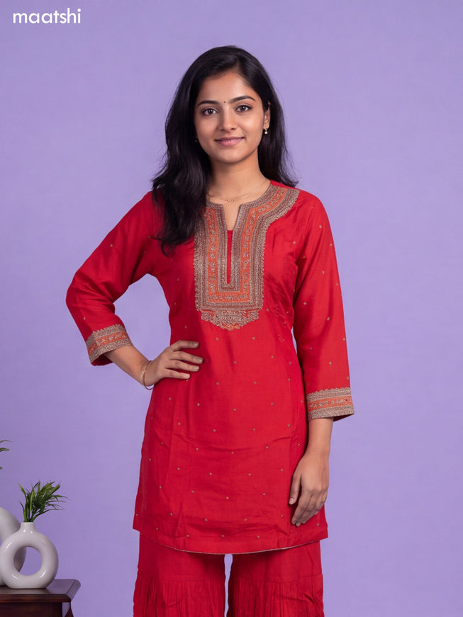 Red Art Silk Embroidery Work Short Straight Suit