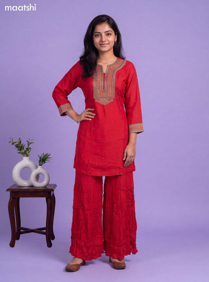Red Art Silk Embroidery Work Short Straight Suit