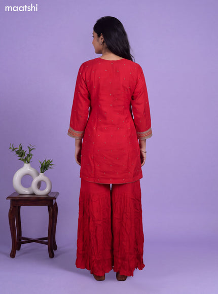 Red Art Silk Embroidery Work Short Straight Suit