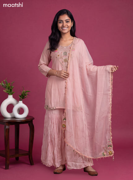 Peach Art Silk Embroidery Work Short Straight Suit