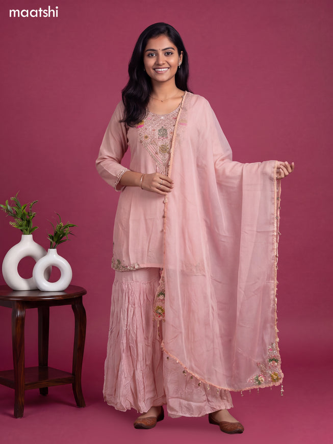 Peach Art Silk Embroidery Work Short Straight Suit