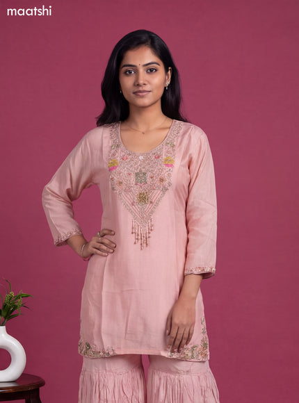 Peach Art Silk Embroidery Work Short Straight Suit