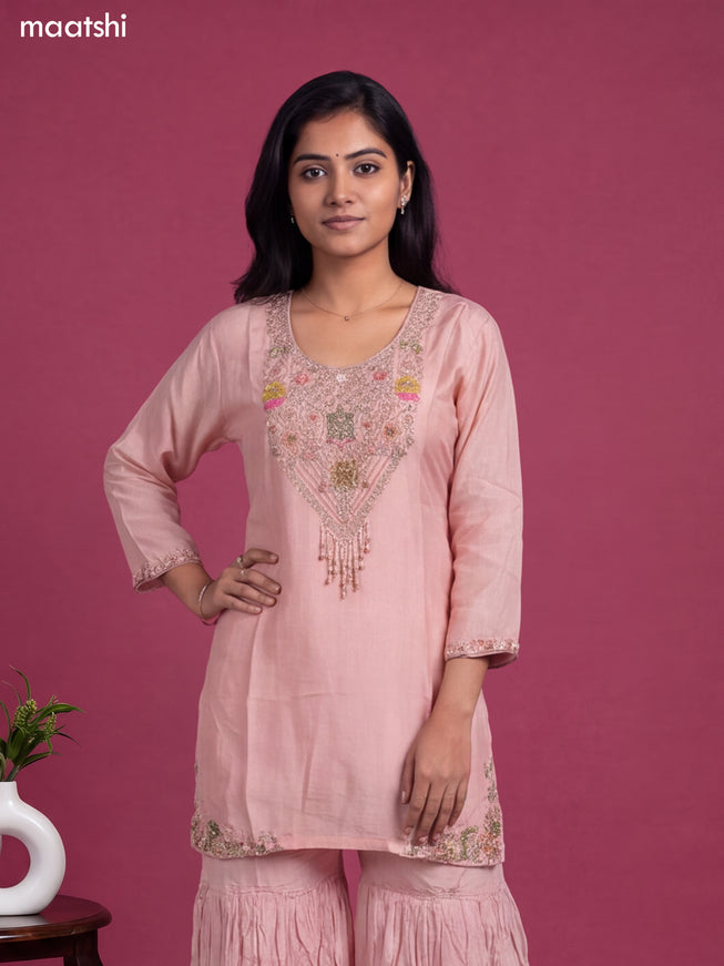 Peach Art Silk Embroidery Work Short Straight Suit