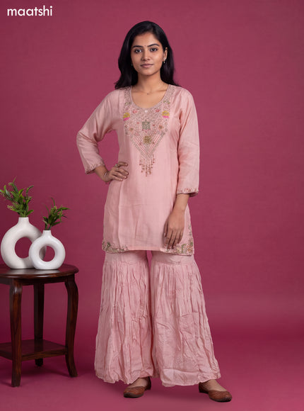Peach Art Silk Embroidery Work Short Straight Suit