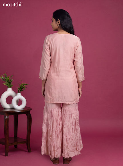 Peach Art Silk Embroidery Work Short Straight Suit
