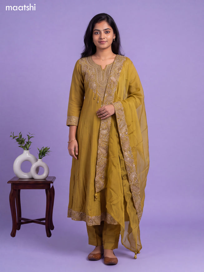Mustard Green Art Silk Embroidery Work Short Straight Suit