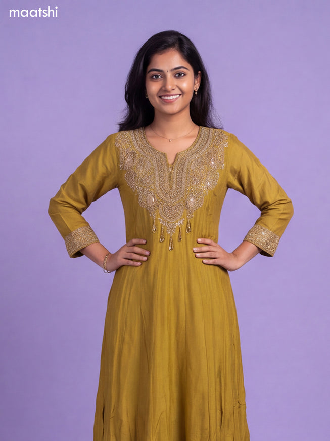 Mustard Green Art Silk Embroidery Work Short Straight Suit