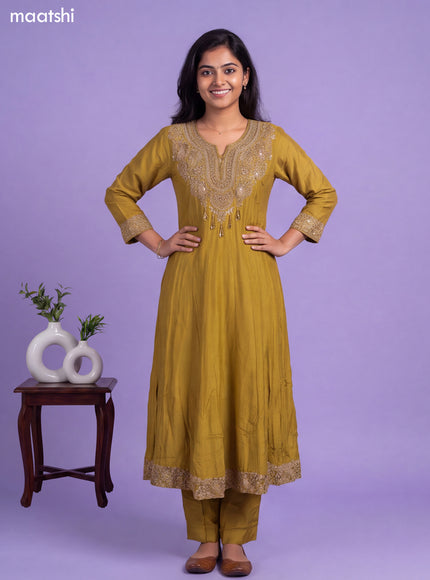 Mustard Green Art Silk Embroidery Work Short Straight Suit