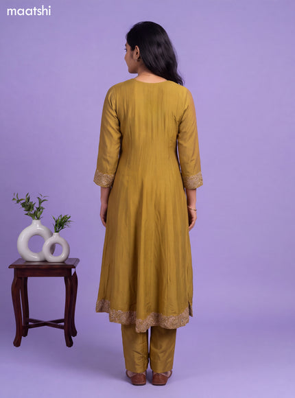 Mustard Green Art Silk Embroidery Work Short Straight Suit