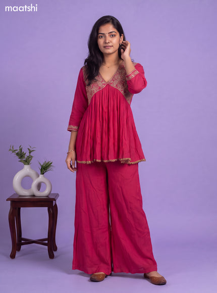 Pink Art Silk Embroidery Work Kurti Set