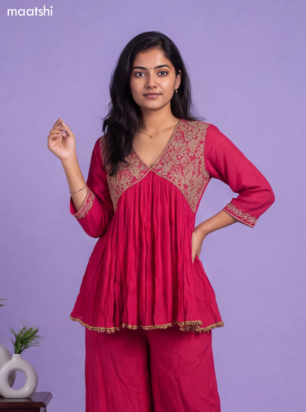 Pink Art Silk Embroidery Work Kurti Set