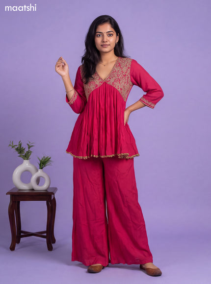 Pink Art Silk Embroidery Work Kurti Set