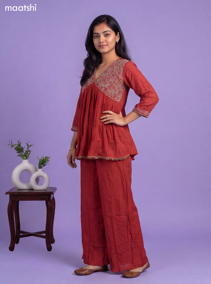 Rustic Orange Art Silk Embroidery Work Kurti Set