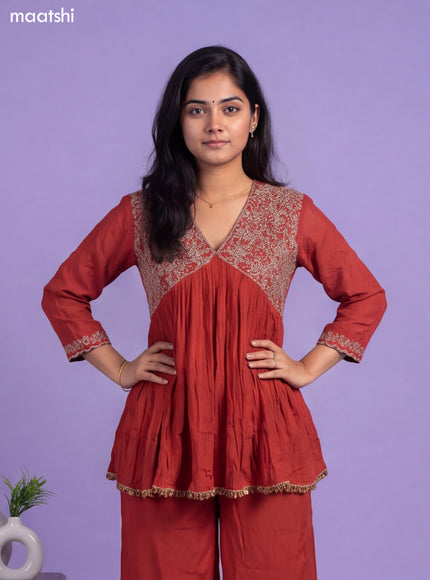 Rustic Orange Art Silk Embroidery Work Kurti Set