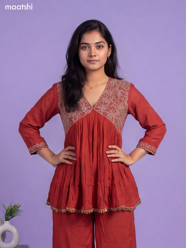 Rustic Orange Art Silk Embroidery Work Kurti Set