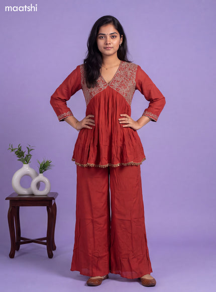 Rustic Orange Art Silk Embroidery Work Kurti Set