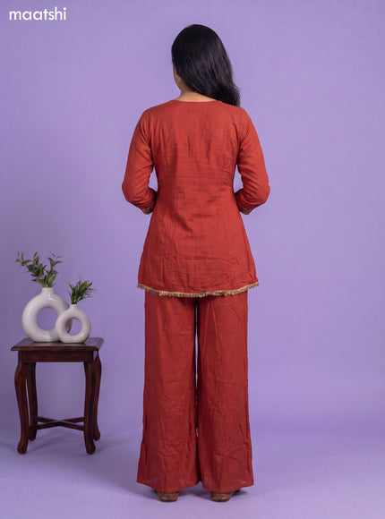 Rustic Orange Art Silk Embroidery Work Kurti Set