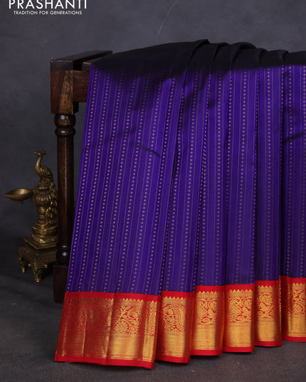 Pure kanchipuram silk saree blue and red with allover zari weaves and zari woven korvai border