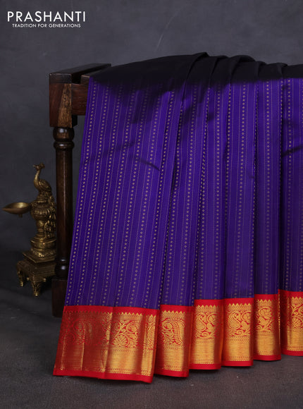 Pure kanchipuram silk saree blue and red with allover zari weaves and zari woven korvai border