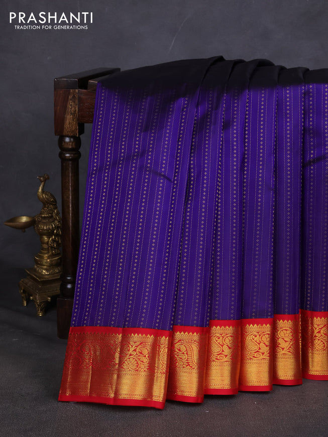 Pure kanchipuram silk saree blue and red with allover zari weaves and zari woven korvai border