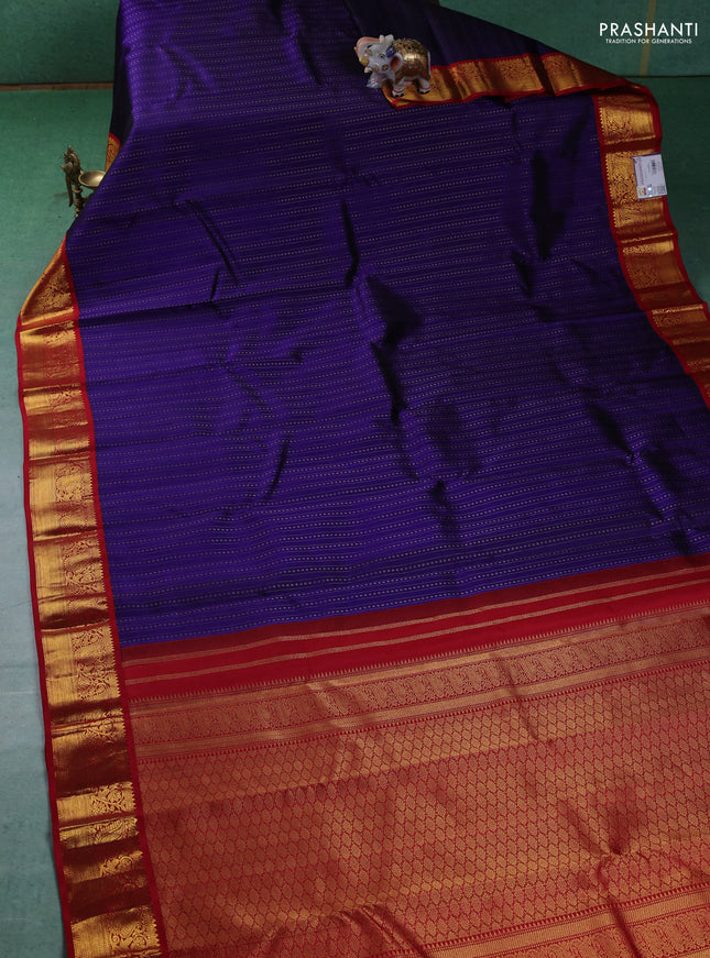 Pure kanchipuram silk saree blue and red with allover zari weaves and zari woven korvai border