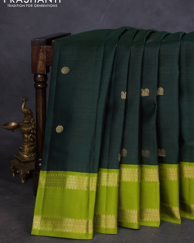 Pure kanchipuram silk saree dark green and light green with allover vairaosi pattern & buttas and rettapet zari woven border