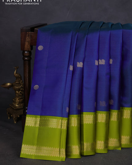 Pure kanchipuram silk saree blue and light green with allover vairaosi pattern & buttas and rettapet zari woven border