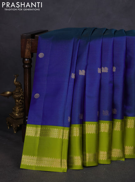 Pure kanchipuram silk saree blue and light green with allover vairaosi pattern & buttas and rettapet zari woven border