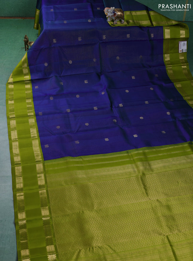 Pure kanchipuram silk saree blue and light green with allover vairaosi pattern & buttas and rettapet zari woven border