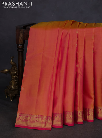 Pure kanchipuram silk saree dual shade of pinkish orange and pink with zari woven buttas and zari woven border