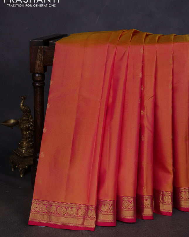 Pure kanchipuram silk saree dual shade of pinkish orange and pink with zari woven buttas and zari woven border