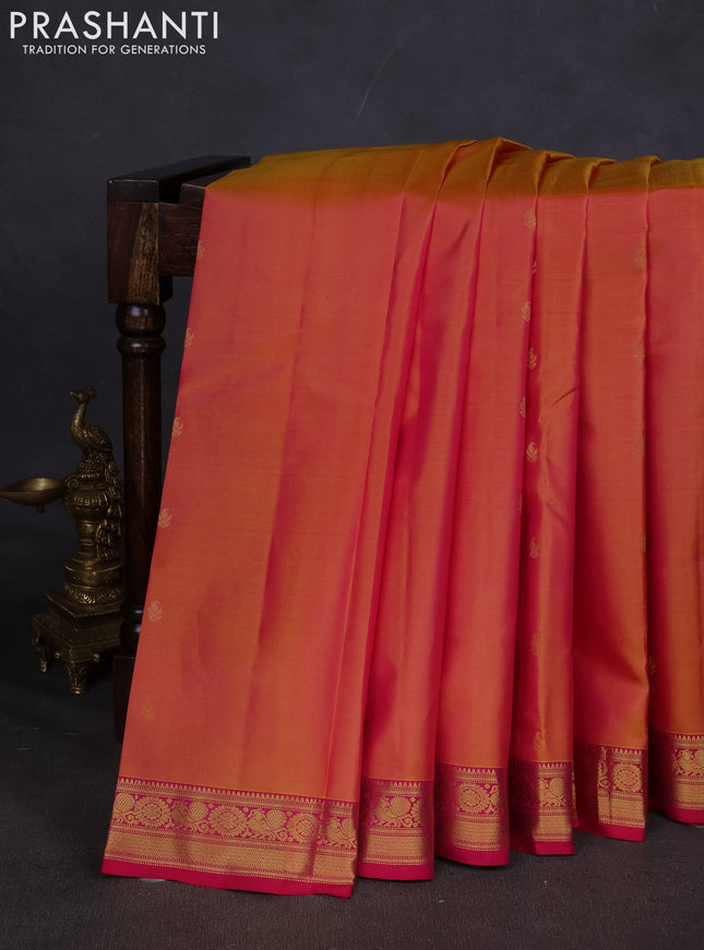Pure kanchipuram silk saree dual shade of pinkish orange and pink with zari woven buttas and zari woven border