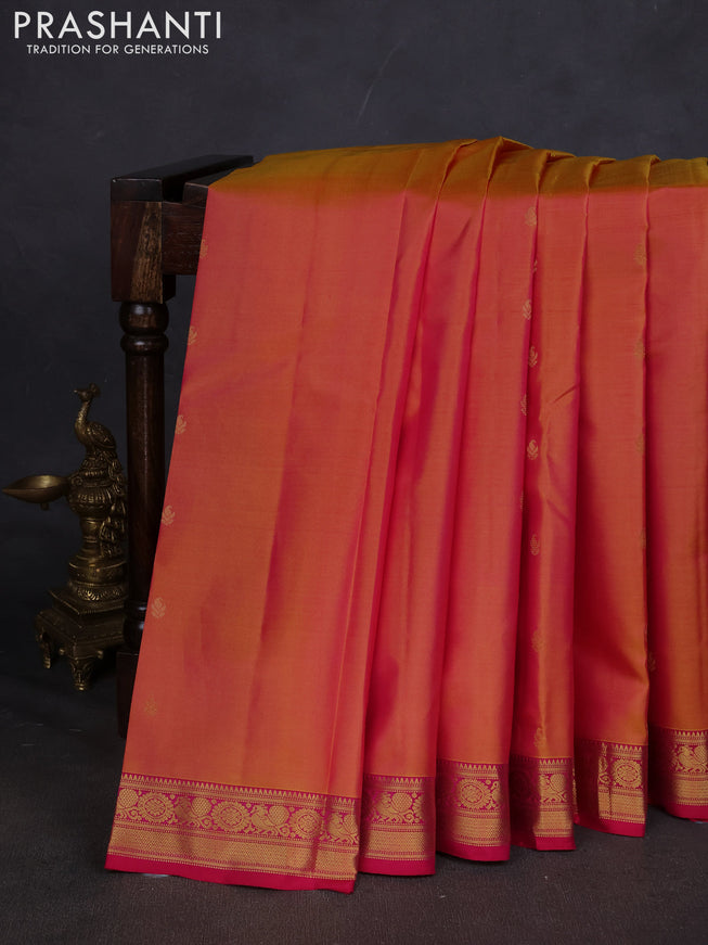 Pure kanchipuram silk saree dual shade of pinkish orange and pink with zari woven buttas and zari woven border