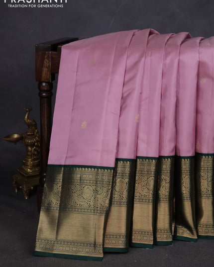 Pure kanchipuram silk saree mauve pink and dark green with zari woven buttas and long zari woven korvai border