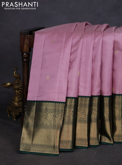 Pure kanchipuram silk saree mauve pink and dark green with zari woven buttas and long zari woven korvai border