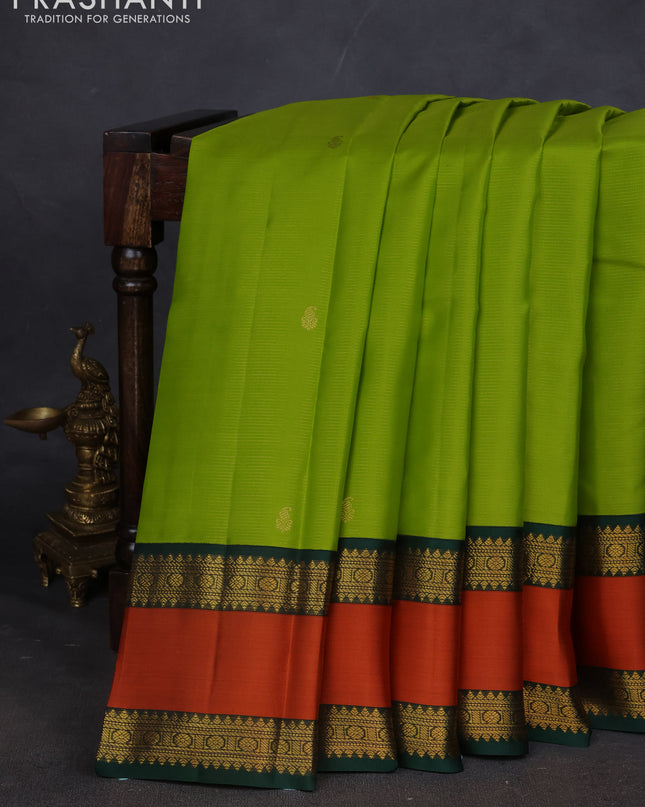 Pure kanchipuram silk saree lime green and Bottle green with allover vairaosi pattern & buttas and rettapet zari woven border