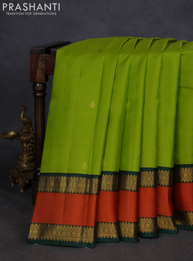 Pure kanchipuram silk saree lime green and Bottle green with allover vairaosi pattern & buttas and rettapet zari woven border